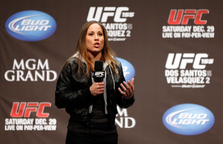 LAS VEGAS, NV - DECEMBER 28: Liz Carmouche interacts with fans during a Q&A session before the UFC 155 weigh-in on December 28, 2012 at MGM Grand Garden Arena in Las Vegas, Nevada. (Photo by Josh Hedges/Zuffa LLC/Zuffa LLC via Getty Images)
