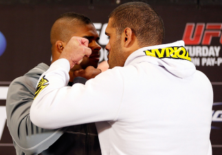 LAS VEGAS, NV - JANUARY 31: (L-R) Opponents Alistair Overeem and Antonio "Bigfoot" Silva face off during the UFC 156 Ultimate Media Day on January 31, 2013 at the Mandalay Bay in Las Vegas, Nevada. (Photo by Josh Hedges/Zuffa LLC/Zuffa LLC via Getty Ima