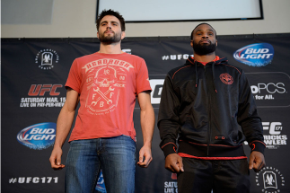 DALLAS, TX - MARCH 13: (L-R) Carlos Condit and Tyron Woodley pose for the media during the UFC 171 Ultimate Media Day at American Airlines Center on March 13, 2014 in Dallas, Texas. (Photo by Jeff Bottari/Zuffa LLC/Zuffa LLC via Getty Images)