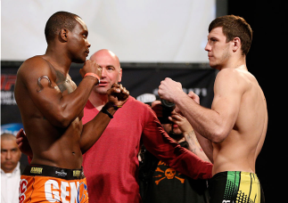 DALLAS, TX - MARCH 14:  (L-R) Opponents Ovince Saint Preux and Nikita Krylov face off during the UFC 171 official weigh-in at Gilley's Dallas on March 14, 2014 in Dallas, Texas. (Photo by Josh Hedges/Zuffa LLC/Zuffa LLC via Getty Images)