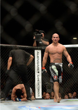 LAS VEGAS, NV - MAY 24: (R-L) Robbie Lawler celebrates his win over Jake Ellenberger in their welterweight bout during the UFC 173 event at the MGM Grand Garden Arena on May 24, 2014 in Las Vegas, Nevada. (Photo by Jeff Bottari/Zuffa LLC/Zuffa LLC via Get