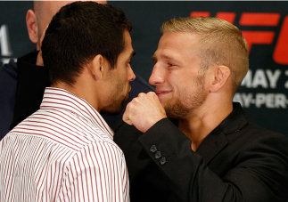 LAS VEGAS, NV - MAY 22: (L-R) Opponents Renan Barao and T.J. Dillashaw face off during the UFC 173 Ultimate Media Day at the MGM Grand Hotel/Casino on May 22, 2014 in Las Vegas, Nevada. (Photo by Josh Hedges/Zuffa LLC/Zuffa LLC via Getty Images)
