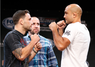 LAS VEGAS, NV - JULY 03: (L-R) Opponents Frankie Edgar and BJ Penn face off during the UFC Ultimate Media Day at the Mandalay Bay Resort and Casino on July 3, 2014 in Las Vegas, Nevada. (Photo by Josh Hedges/Zuffa LLC/Zuffa LLC via Getty Images)