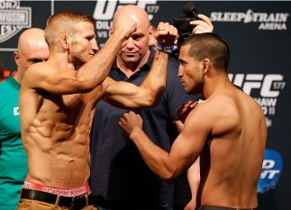 SACRAMENTO, CA - AUGUST 29: (L-R) Opponents T.J. Dillashaw and Joe Soto face off during the UFC 177 weigh-in at Sleep Train Arena on August 29, 2014 in Sacramento, California. (Photo by Josh Hedges/Zuffa LLC/Zuffa LLC via Getty Images)