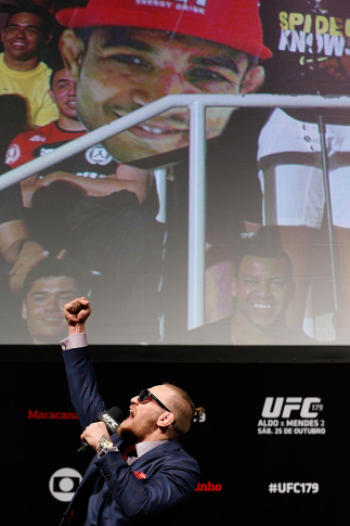 RIO DE JANEIRO, BRAZIL - OCTOBER 24: Conor McGregor of Ireland interacts with fans during a Q&A session before the UFC 179 weigh-in at the Maracanãzinho Gymnasium on October 24, 2014 in Rio de Janeiro, Brazil. (Photo by Josh Hedges/Zuffa LLC/Zuffa LLC v