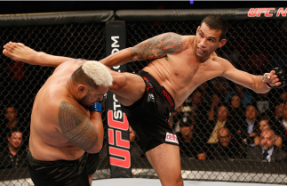 MEXICO CITY, MEXICO - NOVEMBER 15: (R-L) Fabricio Werdum kicks Mark Hunt in their interim UFC heavyweight championship bout during the UFC 180 event at Arena Ciudad de Mexico on November 15, 2014 in Mexico City, Mexico. (Photo by Josh Hedges/Zuffa LLC/Z