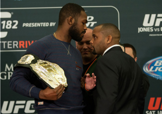 LAS VEGAS, NEVADA - JANUARY 01: (L-R) UFC light heavyweight champion Jon Jones and Daniel Cormier face off during the UFC 182 Media Day at the MGM Grand Hotel and Casino on January 1, 2015 in Las Vegas, Nevada. (Photo by Brandon Magnus/Zuffa LLC/Zuffa LL