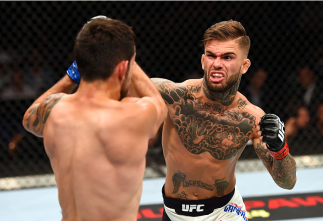 LAS VEGAS, NV - JULY 11: (R-L) Cody Garbrandt punches Henry Briones in their bantamweight fight during the UFC 189 event inside MGM Grand Garden Arena on July 11, 2015 in Las Vegas, Nevada. (Photo by Josh Hedges/Zuffa LLC/Zuffa LLC via Getty Images) ***
