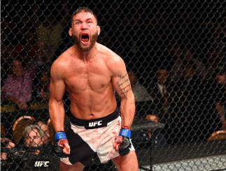LAS VEGAS, NV - JULY 11: Jeremy Stephens reacts to his victory over Dennis Bermudez in their featherweight fight during the UFC 189 event inside MGM Grand Garden Arena on July 11, 2015 in Las Vegas, Nevada. (Photo by Josh Hedges/Zuffa LLC/Zuffa LLC via