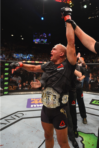 LAS VEGAS, NV - JULY 11: Robbie Lawler reacts to his victory over Rory MacDonald in their UFC welterweight title fight during the UFC 189 event inside MGM Grand Garden Arena on July 11, 2015 in Las Vegas, Nevada. (Photo by Josh Hedges/Zuffa LLC/Zuffa LL