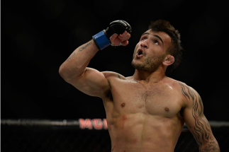 LAS VEGAS, NV - SEPTEMBER 05: John Lineker reacts to his victory over Francisco Rivera in their bantamweight bout during the UFC 191 event inside MGM Grand Garden Arena on September 5, 2015 in Las Vegas, Nevada. (Photo by Brandon Magnus/Zuffa LLC/Zuffa L