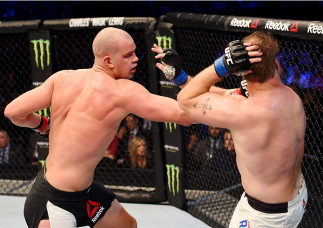 MELBOURNE, AUSTRALIA - NOVEMBER 15: (L-R) Stefan Struve throws a punch against Jared Rosholt in their heavyweight bout during the UFC 193 event at Etihad Stadium on November 15, 2015 in Melbourne, Australia. (Photo by Josh Hedges/Zuffa LLC/Zuffa LLC via
