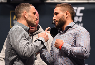 LAS VEGAS, NV - DECEMBER 09: (L-R) Opponents Frankie Edgar and Chad Mendes face off during the UFC Press Conference inside MGM Grand Garden Arena on December 9, 2015 in Las Vegas, Nevada. (Photo by Josh Hedges/Zuffa LLC/Zuffa LLC via Getty Images)