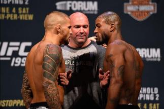 INGLEWOOD, CA - JUNE 03:   (L-R) Opponents Dustin Poirier and Bobby Green face off during the UFC 199 weigh-in at the Forum on June 3, 2016 in Inglewood, California. (Photo by Josh Hedges/Zuffa LLC/Zuffa LLC via Getty Images)