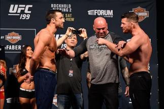INGLEWOOD, CA - JUNE 03: (L-R) Opponents Luke Rockhold and Michael Bisping of England face off during the UFC 199 weigh-in at the Forum on June 3, 2016 in Inglewood, California. (Photo by Josh Hedges/Zuffa LLC/Zuffa LLC via Getty Images)