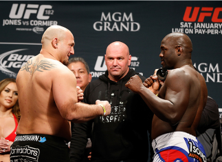 LAS VEGAS, NV - JANUARY 02: (L-R) Opponents Shawn Jordan and Jared Cannonier face off during the UFC 182 weigh-in event at the MGM Grand Conference Center on January 2, 2015 in Las Vegas, Nevada. (Photo by Josh Hedges/Zuffa LLC/Zuffa LLC via Getty Images