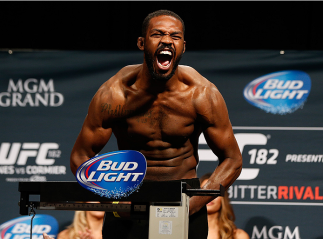 LAS VEGAS, NV - JANUARY 02: UFC light heavyweight champion Jon "Bones" Jones poses on the scale after weighing in during the UFC 182 weigh-in event at the MGM Grand Conference Center on January 2, 2015 in Las Vegas, Nevada. (Photo by Josh Hedges/Zuffa LL