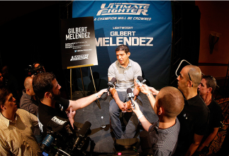 LAS VEGAS, NV - JULY 03: The Ultimate Fighter season 20 coach Gilbert Melendez interacts with media during the UFC Ultimate Media Day at the Mandalay Bay Resort and Casino on July 3, 2014 in Las Vegas, Nevada. (Photo by Josh Hedges/Zuffa LLC/Zuffa LLC v