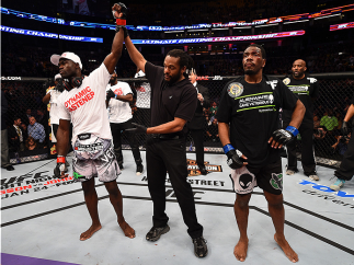 BOSTON, MA - JANUARY 18:  Uriah Hall reacts after defeating Ron Stallings in their middleweight fight during the UFC Fight Night event at the TD Garden on January 18, 2015 in Boston, Massachusetts. (Photo by Jeff Bottari/Zuffa LLC/Zuffa LLC via Getty Imag