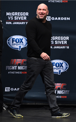 BOSTON, MA - JANUARY 17: UFC President Dana White walks on stage during the UFC Fight Night Boston weigh-in event at the Orpheum Theatre on January 17, 2015 in Boston, Massachusetts. (Photo by Jeff Bottari/Zuffa LLC/Zuffa LLC via Getty Images)