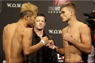 SAITAMA, JAPAN - SEPTEMBER 19:  (L and R) Kazuki
Tokudome and Johnny Case during the UFC Fight Night weigh-in event on September 19, 2014 in Saitama, Japan. (Photo by Mitch Viquez/Zuffa LLC/Zuffa LLC via Getty Images)