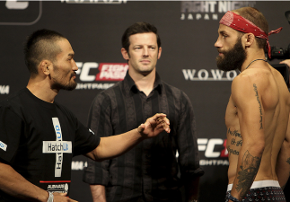 SAITAMA, JAPAN - SEPTEMBER 19: (L and R) Katsunori Kikuno and Sam Sicilia during the UFC Fight Night weigh-in event on September 19, 2014 in Saitama, Japan. (Photo by Mitch Viquez/Zuffa LLC/Zuffa LLC via Getty Images)