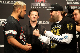 SAITAMA, JAPAN - SEPTEMBER 19: (L and R) Mark Hunt and Roy Nelson during the UFC Fight Night weigh-in event on September 19, 2014 in Saitama, Japan. (Photo by Mitch Viquez/Zuffa LLC/Zuffa LLC via Getty Images)