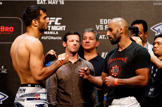 PASAY, METRO MANILA, PHILIPPINES - MAY 15: (L and R) Gegard Mousasi and Costas Philippou face-off during the UFC weigh-in event at the Mall of Asia Arena on May 15, 2015 in Pasay, Metro Manila, Philippines. (Photo by Mitch Viquez/Zuffa LLC/Zuffa LLC via G