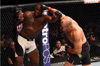 NASHVILLE, TN - AUGUST 08: (R-L) Glover Teixeira of Brazil punches Ovince Saint Preux in their light heavyweight bout during the UFC Fight Night event at Bridgestone Arena on August 8, 2015 in Nashville, Tennessee. (Photo by Josh Hedges/Zuffa LLC/Zuffa