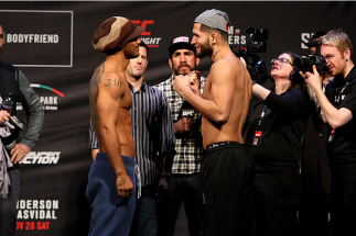 SEOUL, SOUTH KOREA - NOVEMBER 27: (L and R) Jorge Masvidal and Benson Henderson during the UFC Fight Night weigh-in at the Olympic Park Gymnastics Arena on November 27, 2015 in Seoul, South Korea. (Photo by Mitch Viquez/Zuffa LLC/Zuffa LLC via Getty Image