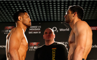 BERLIN, GERMANY - MAY 30: Opponents Mark Munoz (L) and Gegard Mousasi (R) face off during the UFC weigh-in at O2 World on May 30, 2014 in Berlin, Germany. (Photo by Boris Streubel/Zuffa LLC/Zuffa LLC via Getty Images)