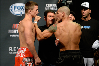 ATLANTIC CITY, NJ - JULY 15:  Rick Story (L) and Leonardo Mafra face off during the UFC Fight Night weigh-in at Revel Casino on July 15, 2014 in Atlantic City, New Jersey.  (Photo by Jeff Bottari/Zuffa LLC/Zuffa LLC via Getty Images)