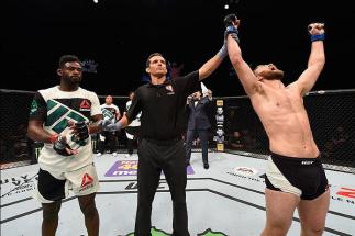 LAS VEGAS, NV - MAY 29: Bryan Caraway (right) reacts to his victory over Aljamain Sterling (left) in their bantamweight bout during the UFC Fight Night event inside the Mandalay Bay Events Center on May 29, 2016 in Las Vegas, Nevada. (Photo by Josh Hedge
