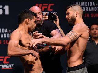 LAS VEGAS, NV - MAY 28: (L-R) Opponents Renan Barao of Brazil and Jeremy Stephens face off during the UFC Fight Night weigh-in at the Mandalay Bay Events Center on May 28, 2016 in Las Vegas, Nevada. (Photo by Josh Hedges/Zuffa LLC/Zuffa LLC via Getty Im