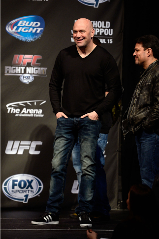 DULUTH, GEORGIA - JANUARY 14:  UFC President Dana White stands on stage during the UFC Fight Night weigh-in event at the Arena at Gwinnett Center on January 14, 2014 in Duluth, Georgia. (Photo by Jeff Bottari/Zuffa LLC/Zuffa LLC via Getty Images)