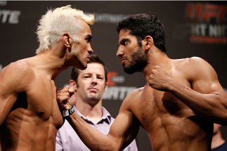 NATAL, BRAZIL - MARCH 22: (L-R) Opponents Godofredo Castro and Noad Lahat face off during the UFC weigh-in at Ginasio Nelio Dias on March 22, 2014 in Natal, Brazil. (Photo by Josh Hedges/Zuffa LLC/Zuffa LLC via Getty Images)