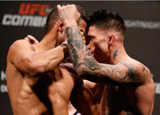 NATAL, BRAZIL - MARCH 22: (L-R) Opponents Leonardo Santos and Norman Parke face off during the UFC weigh-in at Ginasio Nelio Dias on March 22, 2014 in Natal, Brazil. (Photo by Josh Hedges/Zuffa LLC/Zuffa LLC via Getty Images)