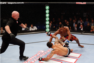 BERLIN, GERMANY - MAY 31: Iuri Alcantar (R) fights Vaughan Lee during the Iuri Alcantara vs. Vaughan Lee at UFC Fight Night Berlin event at O2 World on May 31, 2014 in Berlin, Germany. (Photo by Boris Streubel/Zuffa LLC/Zuffa LLC via Getty Images)