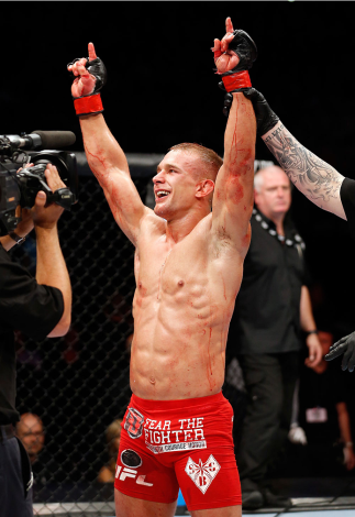 BERLIN, GERMANY - MAY 31: Nick Hein celebrates after winning the Drew Dober vs. Nick Hein at UFC Fight Night Berlin event at O2 World on May 31, 2014 in Berlin, Germany. (Photo by Boris Streubel/Zuffa LLC/Zuffa LLC via Getty Images)