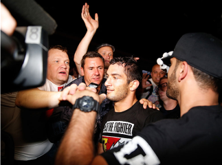 BERLIN, GERMANY - MAY 31: Gegard Mousasi (C) poses with fans after winning the Gegard Mousasi vs. Mark Munoz match at UFC Fight Night Berlin event at O2 World on May 31, 2014 in Berlin, Germany. (Photo by Boris Streubel/Zuffa LLC/Zuffa LLC via Getty Imag
