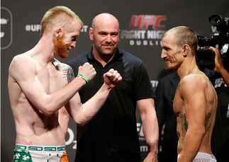 DUBLIN, IRELAND - JULY 18:  (L-R) Opponents Patrick Holohan and Josh Sampo face off during the UFC weigh-in event at The O2 on July 18, 2014 in Dublin, Ireland.  (Photo by Josh Hedges/Zuffa LLC/Zuffa LLC via Getty Images)