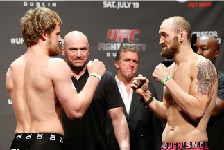 DUBLIN, IRELAND - JULY 18: (L-R) Opponents Gunnar Nelson and Zak Cummings face off during the UFC weigh-in event at The O2 on July 18, 2014 in Dublin, Ireland. (Photo by Josh Hedges/Zuffa LLC/Zuffa LLC via Getty Images)