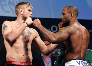 LONDON, ENGLAND - MARCH 07:  (L-R) Opponents Alexander Gustafsson and Jimi Manuwa face off during the UFC weigh-in event at the O2 Arena on March 7, 2014 in London, England. (Photo by Josh Hedges/Zuffa LLC/Zuffa LLC via Getty Images)