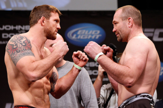 CHICAGO, IL - JANUARY 25:  (L-R) Opponents Ryan Bader and Vladimir Matyushenko face off during the UFC on FOX weigh-in on January 25, 2013 at the Chicago Theatre in Chicago, Illinois. (Photo by Josh Hedges/Zuffa LLC/Zuffa LLC via Getty Images)