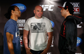 SAN JOSE, CA - APRIL 18: (L-R) Opponents Benson Henderson and Gilbert Melendez face off during media day ahead of the UFC on FOX event at HP Pavilion on April 18, 2013 in San Jose, California. (Photo by Josh Hedges/Zuffa LLC/Zuffa LLC via Getty Images)