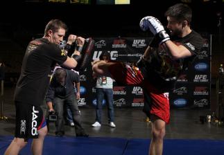 LAS VEGAS, NV - FEBRUARY 01: Carlos Condit works out for the media and fans during the UFC 143 open workouts at Mandalay Bay Events Center on February 1, 2012 in Las Vegas, United States. (Photo by Josh Hedges/Zuffa LLC/Zuffa LLC via Getty Images) *** L