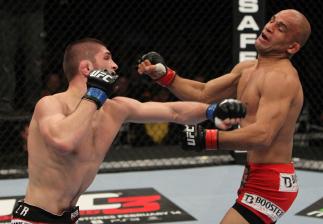NASHVILLE, TN - JANUARY 20: (L-R) Khabib Nurmagomedov punches Kamal Shalorus during the UFC on FX event at Bridgestone Arena on January 20, 2012 in Nashville, Tennessee. (Photo by Josh Hedges/Zuffa LLC/Zuffa LLC via Getty Images)