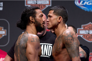 MILWAUKEE, WI - AUGUST 30:  (L-R) Benson Henderson squares off against Anthony Pettis during the UFC 164 weigh-in inside the BMO Harris Bradley Center on August 30, 2013 in Milwaukee, Wisconsin. (Photo by Ed Mulholland/Zuffa LLC/Zuffa LLC via Getty Images