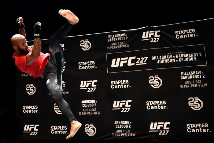 LOS ANGELES, CA - AUGUST 01: UFC flyweight champion Demetrious Johnson holds an open workout for fans and media at The Novo at LA Live on August 1, 2018 in Los Angeles, California. (Photo by Jeff Bottari/Zuffa LLC/Zuffa LLC via Getty Images)