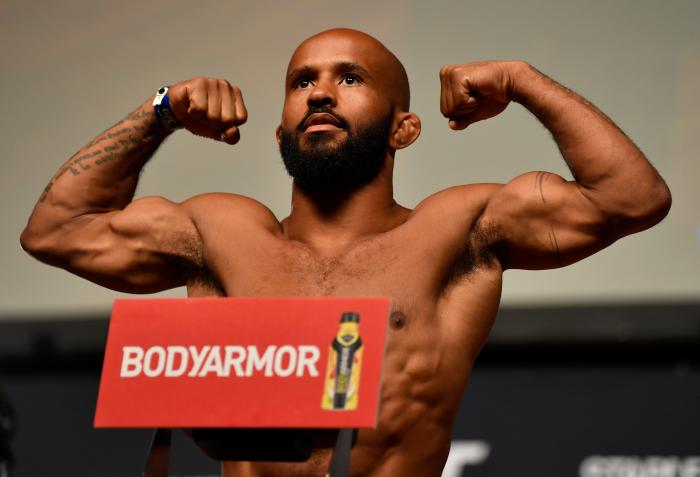 LOS ANGELES, CA - AUGUST 03: Demetrious Johnson poses on the scale during the UFC 227 weigh-in inside the Orpheum Theater on August 3, 2018 in Los Angeles, California. (Photo by Jeff Bottari/Zuffa LLC/Zuffa LLC via Getty Images)